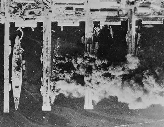 French ships Strasbourg, Colbert, Algérie, and Marseillaise burning in Toulon harbor, France, after being scuttled, 28 Nov 1942; photo taken by RAF aircraft (Library of Congress)