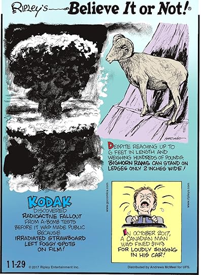 Despite reaching up to 6 feet in length and weighing hundreds of pounds, bighorn rams can stand on ledges only 2 inches wide!-------------------- Kodak discovered radioactive fallout from a-bomb tests before it was made public because irradiated strawboard left foggy spots on film!-------------------- In October 2017, a Canadian man was fined $149 for loudly singing in his car!