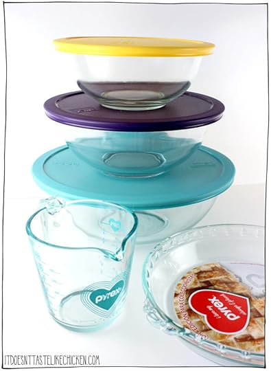 Pyrex Love Collection Baking Set Giveaway!!! Win these three mixing bowls, heart patterned pie plate, and turquoise measuring cup from this limited edition collection. Perfect for a home baker. #itdoesnttastelikechicken 
