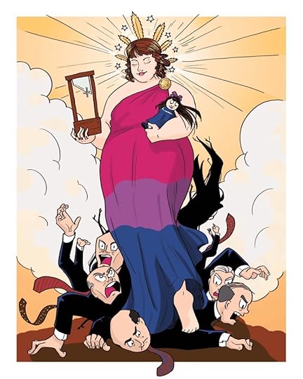 A drawing in comic style of me as a goddess, bedecked in a tunic with the colors of the bisexual flag, a crown of stars and golden marijuana, holding my American Girl doll Samantha in one hand and a guillotine in the other as I stand atop a pile of screaming white men in business suits.