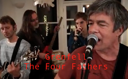 A screenshot from the video of The Four Fathers performing 'Grenfell' - with added titles.