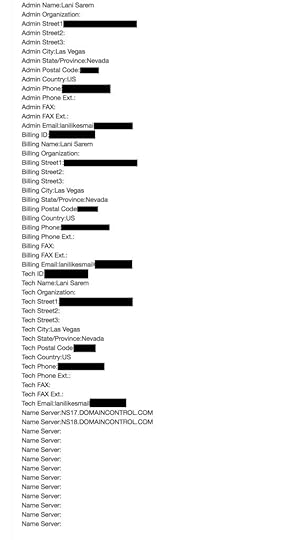 A DNS look up listing Lani Sarem as admin and billing contact