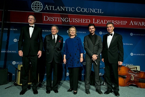 In 2013, the Atlantic Council presented an “international distinguished leadership award” to then-Secretary of State, Hillary Clinton. (Atlantic Council) 