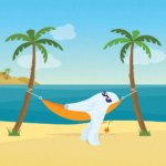 a ghost wearing sunglasses lies relaxing in a hammock tied to two palm trees on a beach