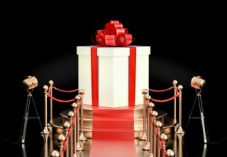 Podium with gift box, 3D rendering isolated on black background