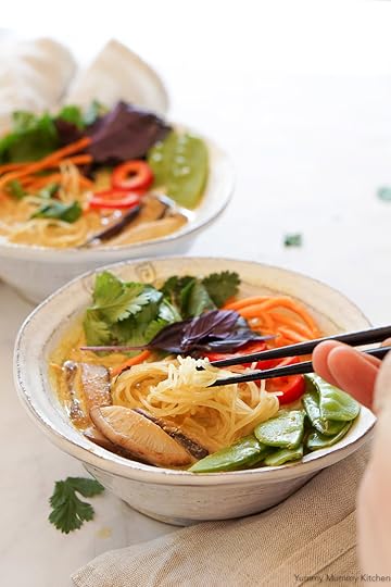 Beautiful vegan Thai coconut curry soup with rice noodles and veggies. This colorful bowl makes an easy and healthy dinner.