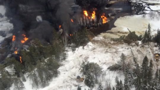 Oil by rail accident, with tank cars burning, near Gogama, Canada in 2015