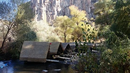 Floating Restaurant in the Ihlara Valley, with cliffs behind, Cappadocia