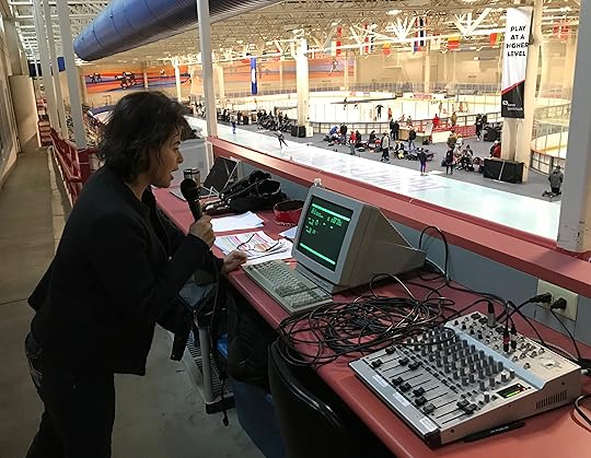 Silvia Acevedo Play-by-play Announcing at the Pettit National Ice Center's Long Track Time Trials