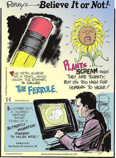 The metal sleeve on a pencil, which holds the eraser, is called the ferrule.-------------------- Plants scream when they are thirsty, but it's too high for humans to hear!-------------------- In October 2017, a Colorado weather radar picked up a butterfly migration swarm 70 miles wide! Submitted by Dan Paulun, W. Lafayette, OH.