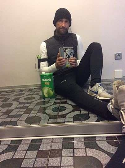 Pre-race training, with apple juice in tow.