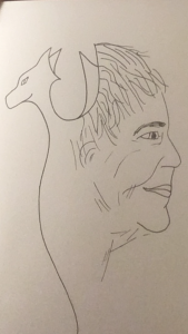 Older woman and dragon intertwined