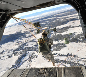 081210-A-2315M-699 <br /><br /> U.S. soldiers assigned to 10th Special Forces Group (Airborne) conduct airborne operations from a CH-47D Chinook aircraft assigned to 2nd Battalion, 135th Aviation Regiment, Colorado Army National Guard over Fort Carson, Colo., on Dec. 10, 2008. The airborne operation was conducted under the command of Dutch Special Forces with the assistance of a 10th Special Forces Group jumpmaster who helped familiarize the American paratroopers with Dutch commands. DoD photo by Staff Sgt. Liesl Marelli, U.S. Army. (Released)