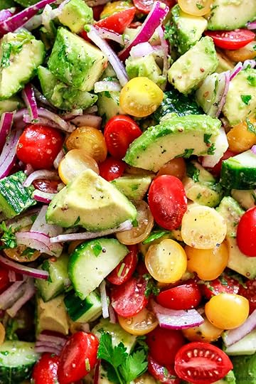 This beautiful avocado salad is simple and easy. Loaded with tomatoes, cucumber, and red onion, and dressed with a mustard vinaigrette, this avocado salad is delicious alone or served with greens or quinoa.