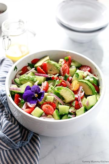 Avocado, tomato, and cucumber salad is hearty and delicious, and naturally vegan and gluten-free.