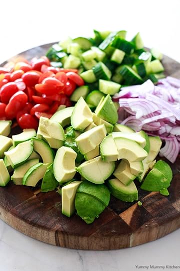 This avocado salad is made with simple, fresh ingredients like cherry tomatoes and cucumber.