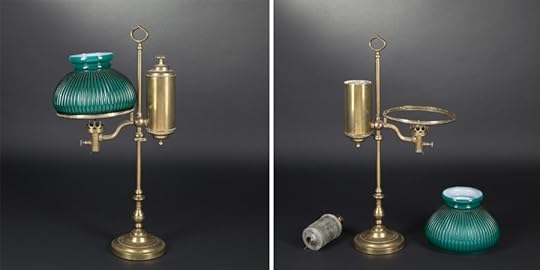 Это как раз одна из весрий Квинке-лампы середины 19 века. Резервуар у неё находится на одном уровне с горелкой.