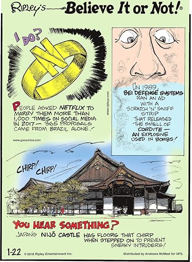 People asked Netflix to marry them more than 1,000 times on social media in 2017 - 365 proposals came from Brazil alone!-------------------- In 1989, Bei Defense Systems ran an ad with a scratch 'n' sniff strip that released the smell of cordite - an explosive used in bombs!-------------------- Japan's Nijo Castle has floors that chirp when stepped on to prevent sneaky intruders!