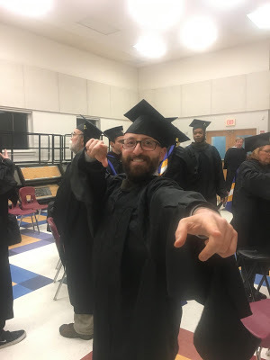 Benjamin Rubenstein backstage before ceremony to receive Master of Fine Arts in creative writing