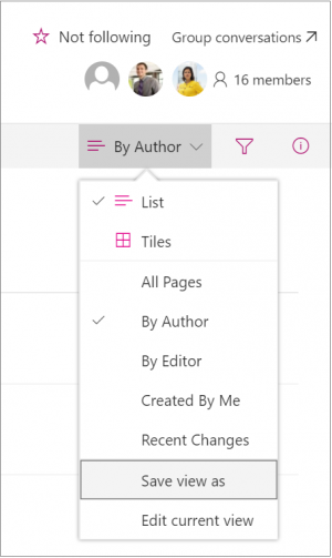 Screenshot of the view drop down in SharePoint