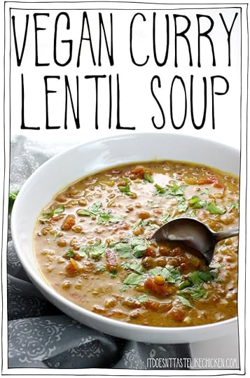 Vegan Curry Lentil Soup! This is an easy hearty and satisfying soup with rich and aromatic spices, and coconut milk. Wonderful freshly made but it also holds up well and gets even better the next day, making it perfect for a make ahead meal. #itdoesnttastelikechicken #vegan #veganrecipe #soup