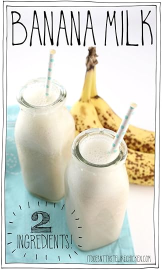 Banana milk - 2 Ingredients! Just water and bananas to make this easy vegan milk substitute. A great recipe to have on hand for when you run out of milk. Tastes great on cereal, oatmeal, for dipping cookies, in baked goods, in hot chocolate, or anywhere that could use a touch of sweet creaminess. #itdoesnttastelikechicken #vegan #dairyfree #nondairy