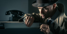 Vintage undercover criminal spy stealing files in a filing cabinet late at night, security and data theft concept