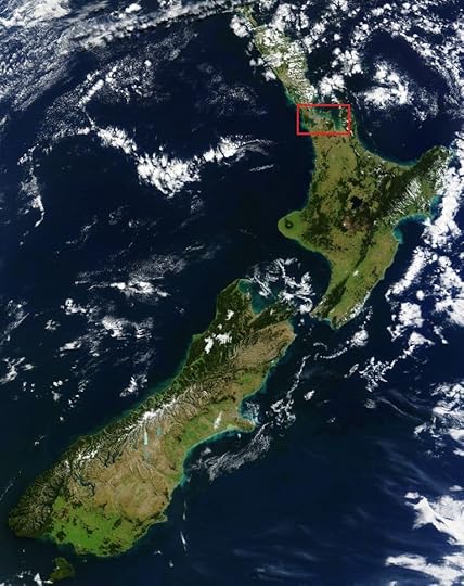 The location of Auckland (red box) in New Zealand. Satellite photography source: NASA Earth Observatory image 2010/099. North at top.