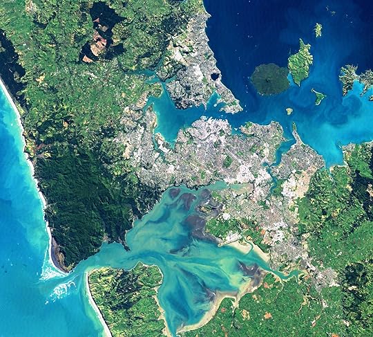 Auckland from Space. Satellite photography is from NASA Earth Observatory Image Auckland_17_2002239. North at top.
