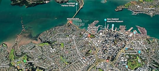 Downtown Auckland and Waitematā Harbour. Imagery and Map Data ©2018 Google. North at top.