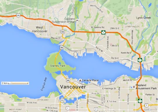 The Vancouver CBD is bypassed at some distance by the Trans-Canada Highway (shown by a Maple Leaf logo with the number “1”), the equivalent of New Zealand’s State Highway One, while the Lions Gate Bridge north of Stanley Park (on a route shown by a plain shield bearing the number “99”) has only three lanes. Map data © Google.