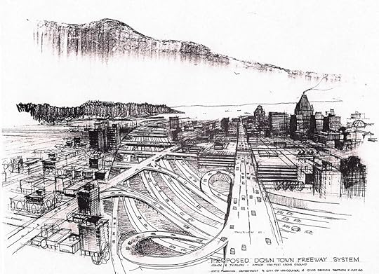 Proposed downtown Vancouver motorway trench and bridges, 1960. North Shore in background, looking northward, Stanley Park between city and North Shore. Source: Slide 9 from City Planning Department archives, microfiche copies, chronological set, 137-F-2 1960 B1469. Courtesy of the City of Vancouver Archives.