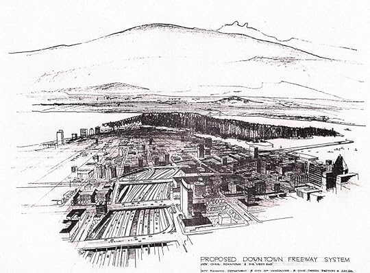 Another 1960-vintage sketch of the proposed downtown motorways in Vancouver, looking more northwestward. Stanley Park and the Lions Gate Bridge are central in this view. Source: Slide 6 from City Planning Department archives, microfiche copies, chronological set, 137-F-2 1960 B1469. Courtesy of the City of Vancouver Archives.