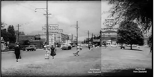Image of Upper Symonds Street from ‘Expanding Auckland’, Pictorial Parade No. 98 (1960), a composite of two frames recorded in the course of a moving camera pan from left to right, shows a park in Upper Symonds Street which was entirely excavated to create the current Symonds Street bridge over the motorway trench.