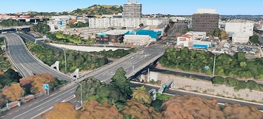 Symonds Street Bridge over motorway trench, today. The building with the Ford sign in the 1960 newsreel appears blue in this modern Google image from similar but more elevated viewpoint, looking southward. Imagery ©2018 Google, DigitalGlobe, Landsat/Copernicus, Data/SIO, NOAA, US Navy, NGA, GEBCO, CNES/Airbus, Map Data ©2018 Google, Map DataSciences Pty Ltd, PSMA.