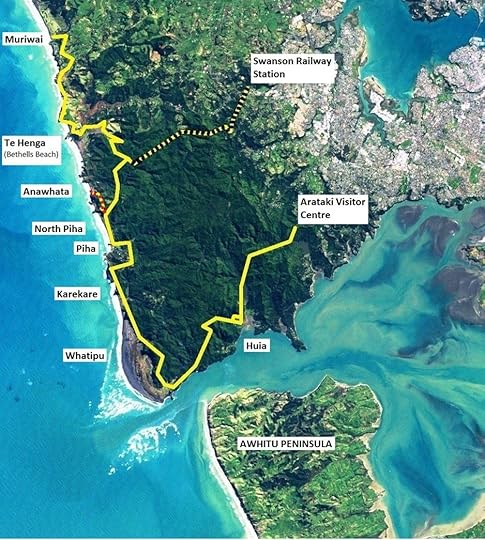 Auckland's Hillary Trail and its environs, as shown in A Maverick New Zealand Way. Satellite photography is from NASA Earth Observatory Image Auckland_17_2002239. North at top.