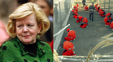 Judge Colleen Kollar-Kotelly and photo of the prison at Guantanamo Bay on the day of its opening, Jan. 11, 2002.