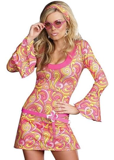 Women's Adult Retro Paisley Gogo Dancer Halloween Party Dress Costume. Stretch knit retro pattern A-line go go dancer dress has bell shaped long sleeves and unique shaped neckline. Includes matching retro glasses, ear rings, and faux vinyl daisy belt. (5 piece set) - Get yours now! #promotion