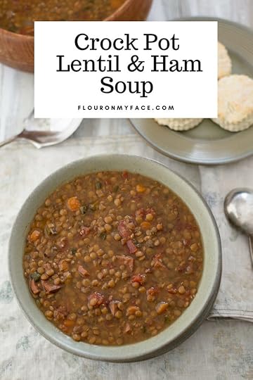 Crock Pot Lentil Ham soup recipe in a soup bowl served with fresh made biscuits.