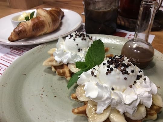 One of the best ways to relax between manuscripts: a steady blend of waffle and pastry. And yes: that's a beaker full of liquid chocolate.