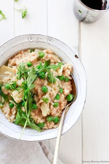 This rustic white bowl of risotto with green peas is an easy and comforting vegetarian and vegan meal made in the Instant Pot pressure cooker.