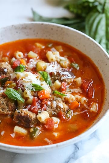 This hearty soup is loaded with mini turkey meatball, zucchini, vegetables and ditalini pasta. I love to add a Parmesan cheese rind to my soup, my secret for extra flavor but it's totally optional!