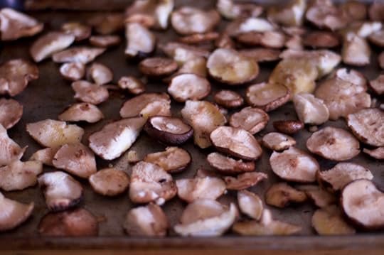 shiitake mushrooms on a baking sheet