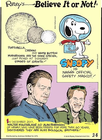 Portobella, cremini and white button mushrooms are the same species, just picked at different stages of growth!-------------------- Snoopy is NASA's official safety mascot!-------------------- In December 2017, Walter MacFarlane and Alan Robinson of Hawaii, who have been friends for more than 60 years, discovered they are also biological brothers!