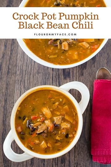Crock Pot Pumpkin Black Bean Chili recipe served in a white bowl.