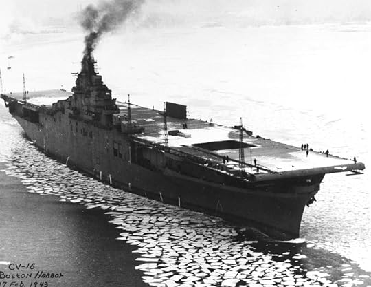 Newly commissioned carrier USS Lexington in the icy waters of Boston harbor, Massachusetts, 17 Feb 1943 (US Navy photo)