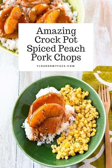 Sweet and Spicy Crock Pot Peach Pork Chops served in a green bowl with white rice and corn