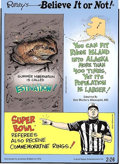 Summer hibernation is called estivation!-------------------- You can fit Rhode Island into Alaska more than 400 times, yet its population is larger! Submitted by Nate Westbury, Minneapolis, MN.-------------------- Super Bowl referees also receive commemorative rings!