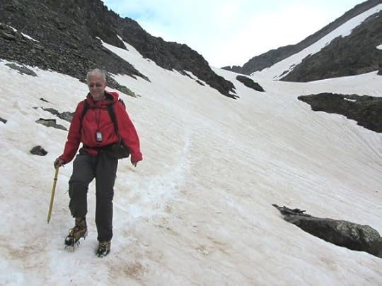 2 July 2014, on the GR11 above the Estanys Forcats between Baiau and Arinsal, with crampons and ice axe