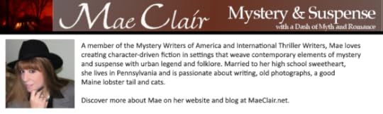 Promotional banner for author Mae Clair with bio and author photo, spooky house as header in wash of red